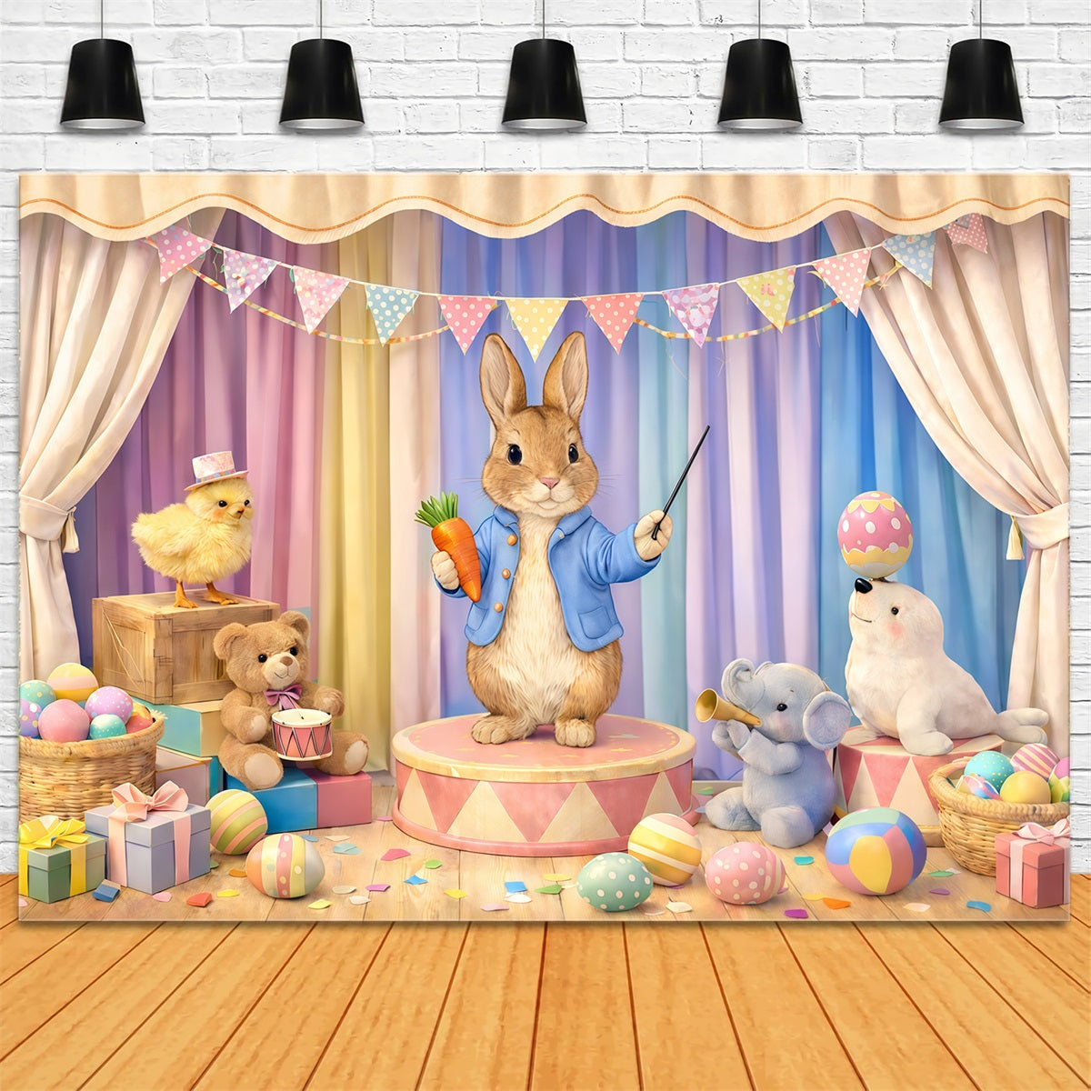 Pastellfarbener Osterhintergrund Cartoon-Hase Zirkusbühne Ideen für Osterbilderhintergründe GQ61-42