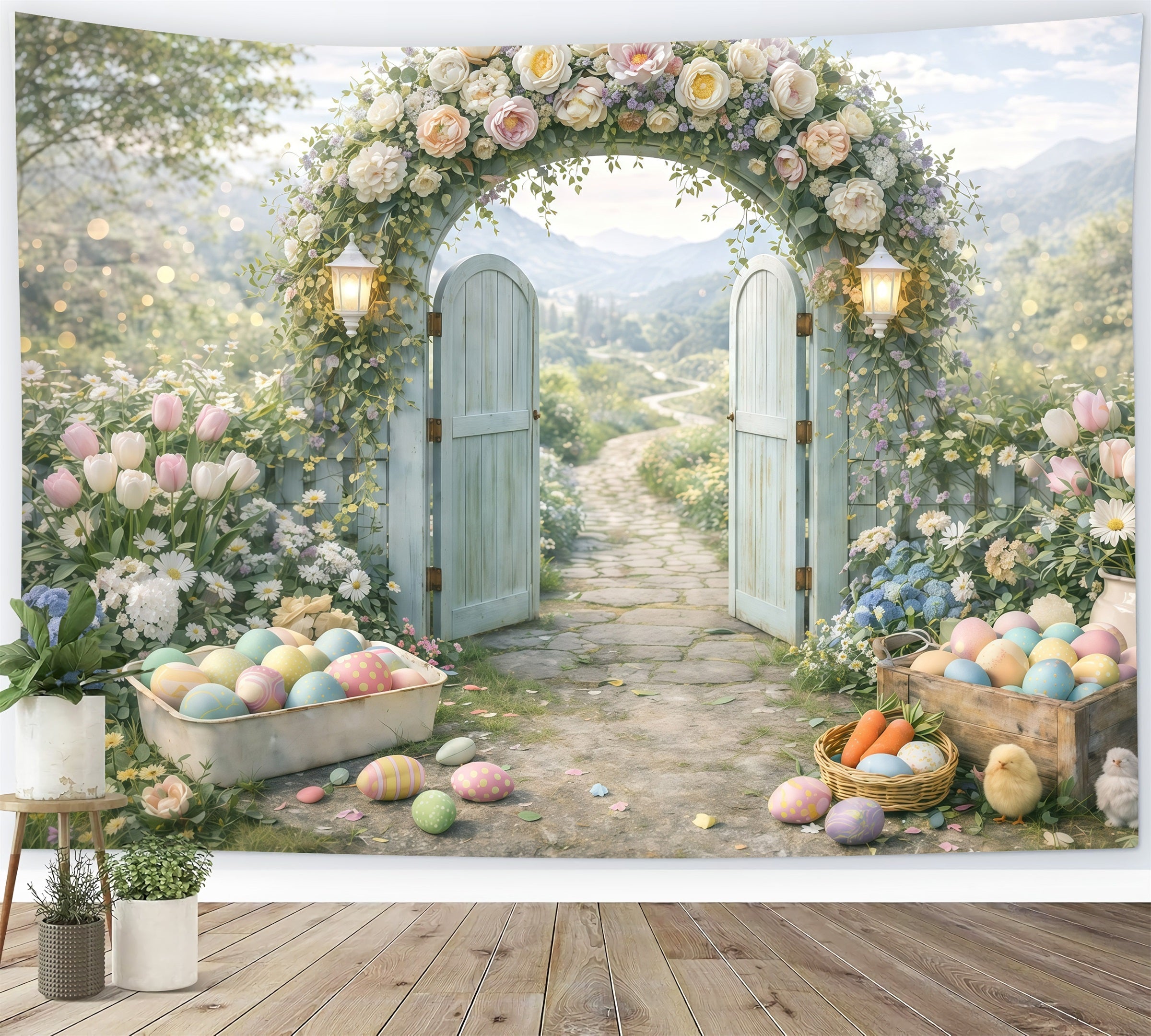 Osterblumenhintergrund Frühlingsgartenbogen Eingang Eier-Fotohintergrund Ostern GQ61-44
