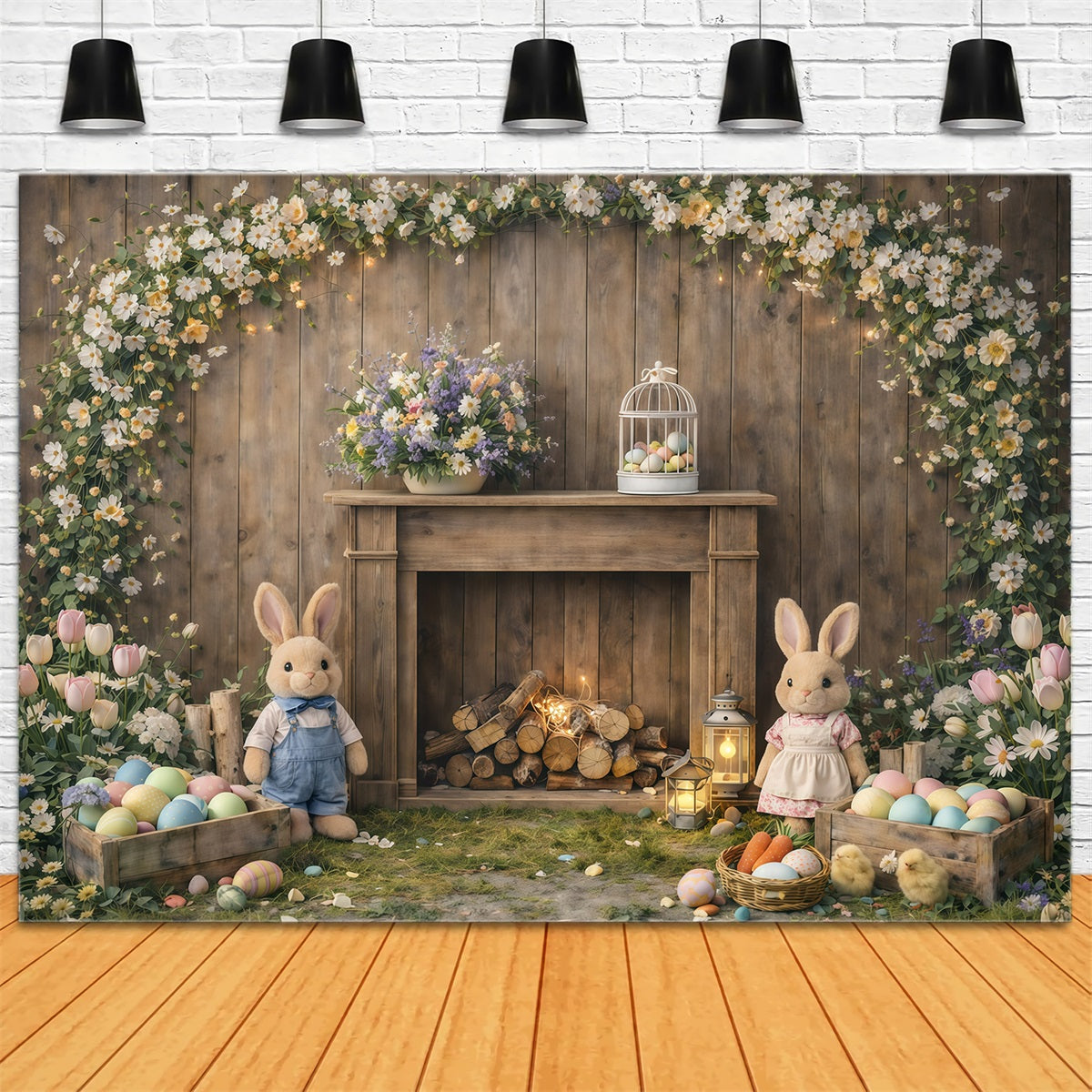 Peter Rabbit Hintergrund Rustikaler Kaminsims Hasenblumen Osterhintergrund für Fotografie GQ61-45