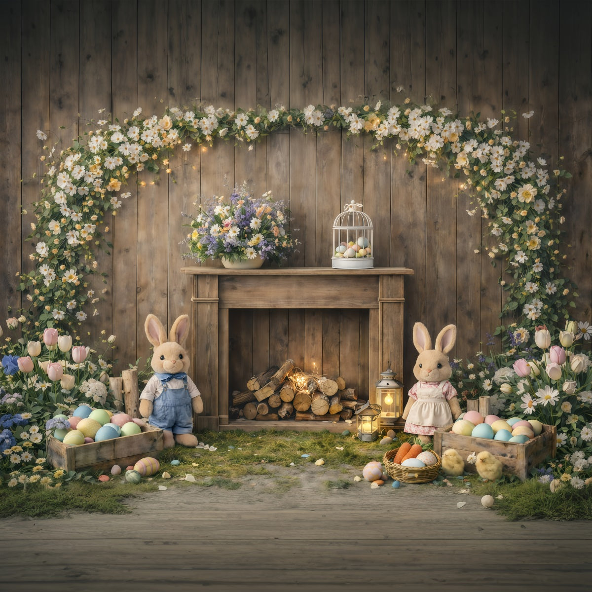 Peter Rabbit Hintergrund Rustikaler Kaminsims Hasenblumen Osterhintergrund für Fotografie GQ61-45