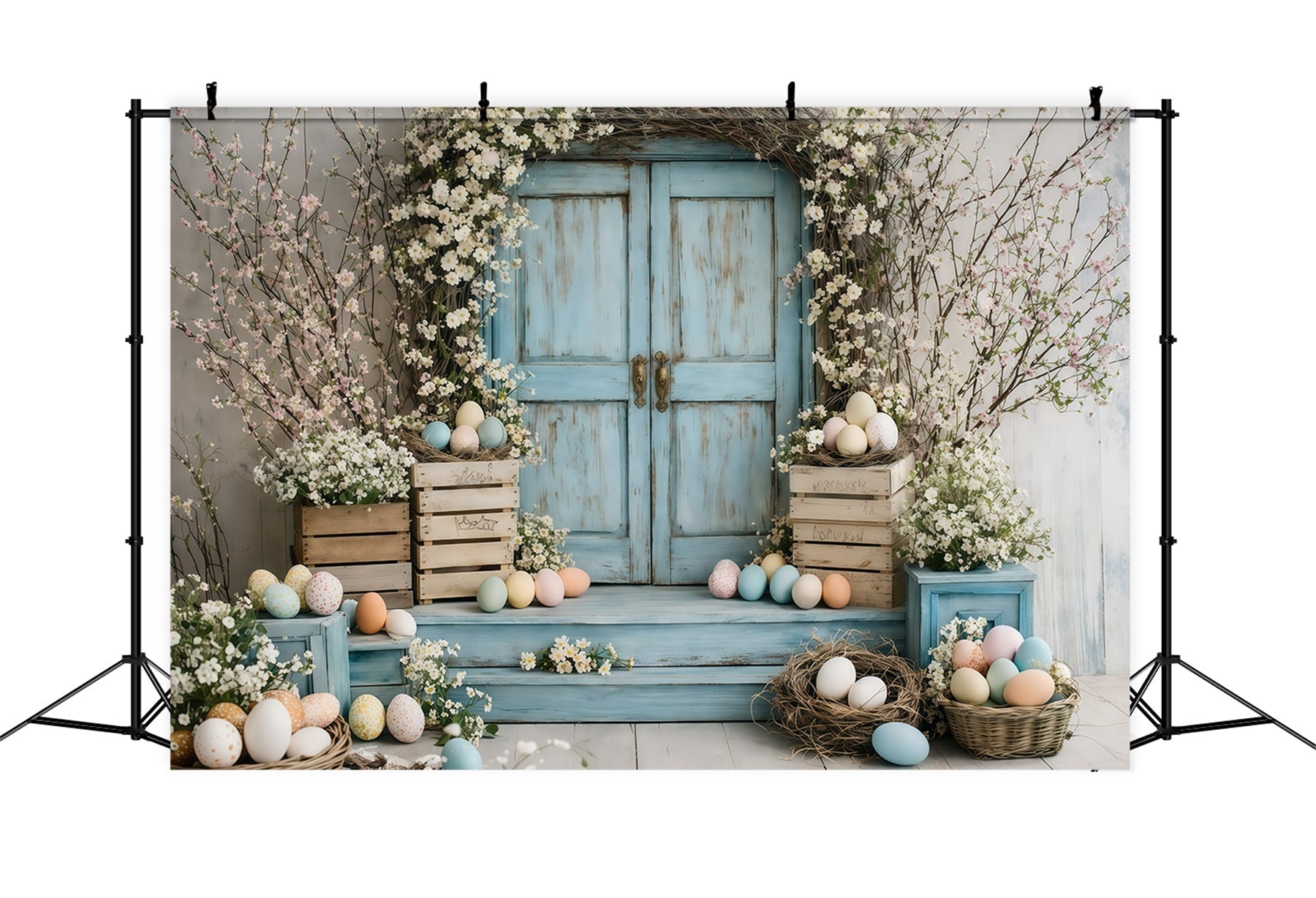 Osterblumenhintergrund Vintage Blaue Tür Blüten Hintergründe für Osterbilder GQ61-46