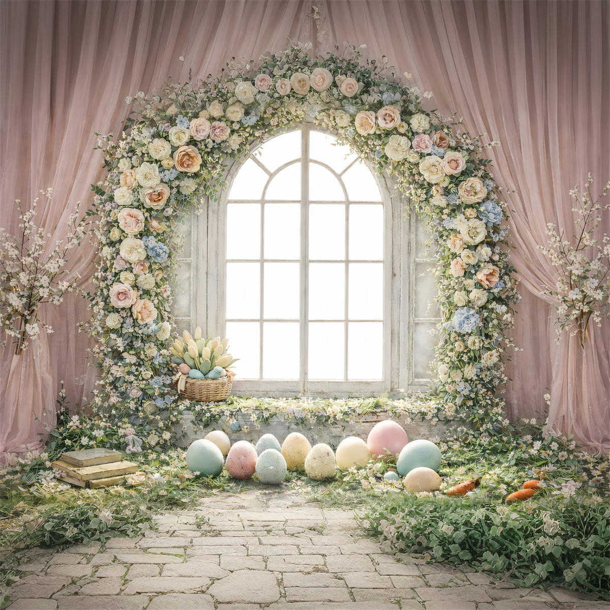 Oster-Ei-Fotoshooting-Hintergrund Blumenbogen Fensterlicht-Hintergrund für Ostern GQ61-49