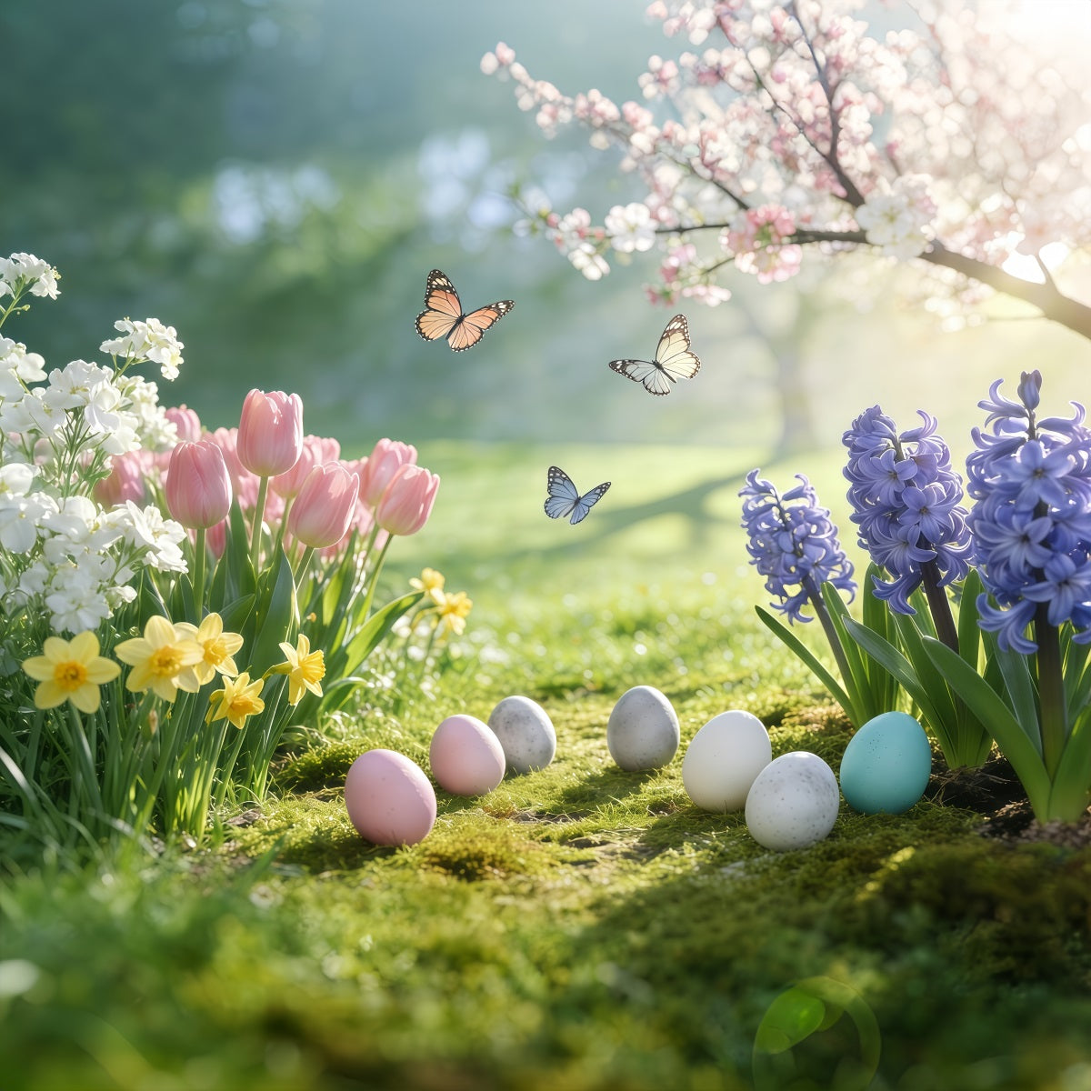 Oster-Hintergrund Natur Fotografie Frühlingswiese Schmetterlinge Eier Oster-Hintergründe GQ61-53