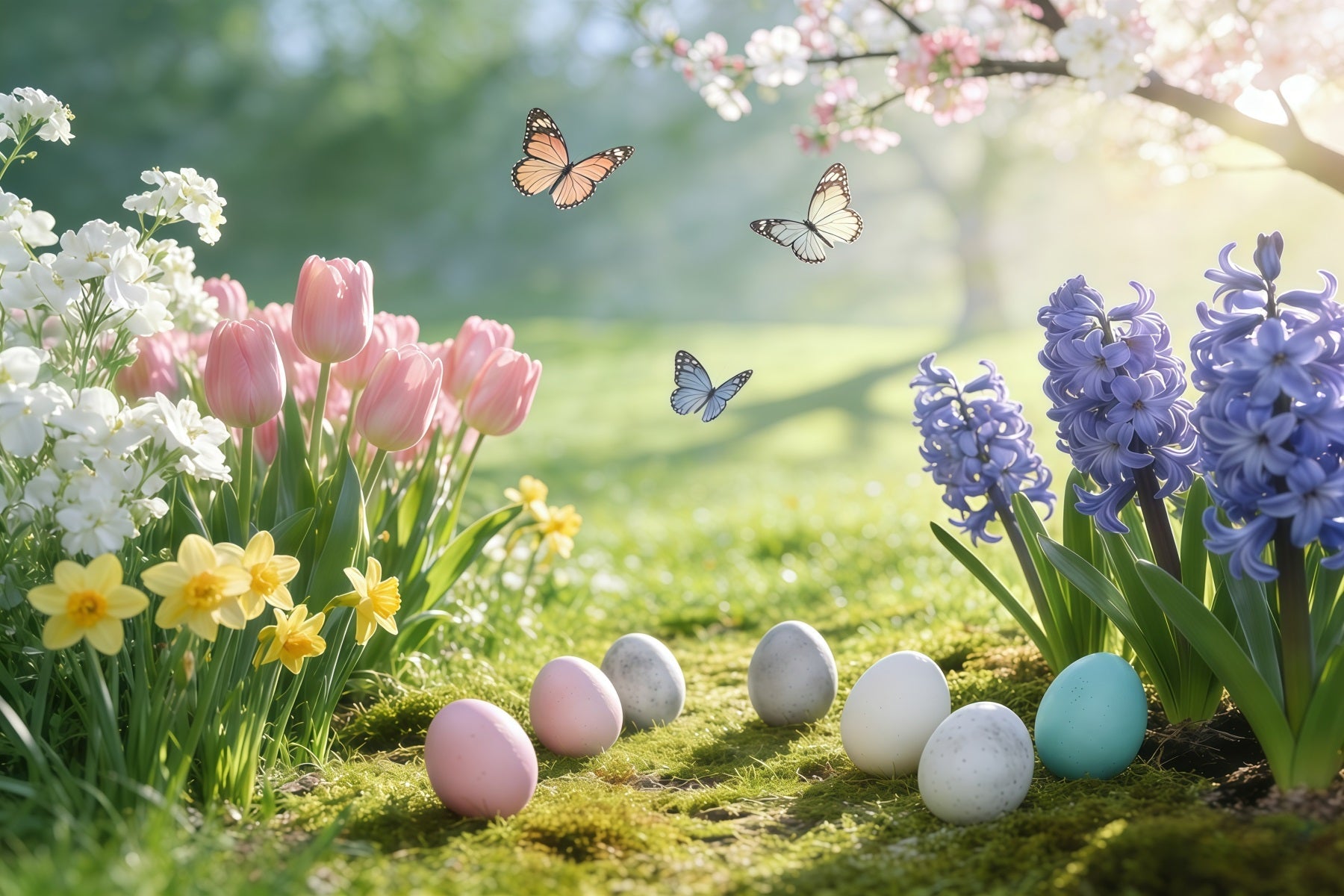 Oster-Hintergrund Natur Fotografie Frühlingswiese Schmetterlinge Eier Oster-Hintergründe GQ61-53