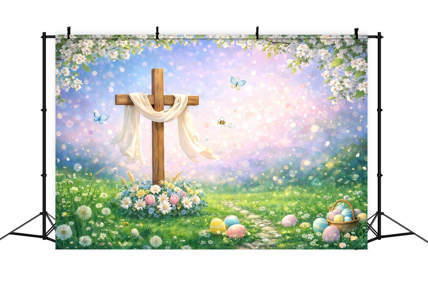 Oster-Hintergrund Religion Holzkreuz Frühlingswiese Bokeh Oster-Hintergründe Ideen GQ61-55