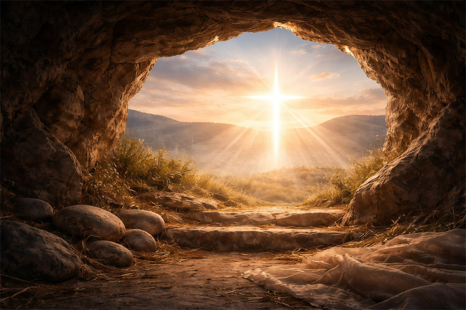 Ideen für Oster-Fotohintergründe für Kirchen Leeres Grab Sonnenaufgang Herrlichkeit Oster-Hintergrund GQ61-6