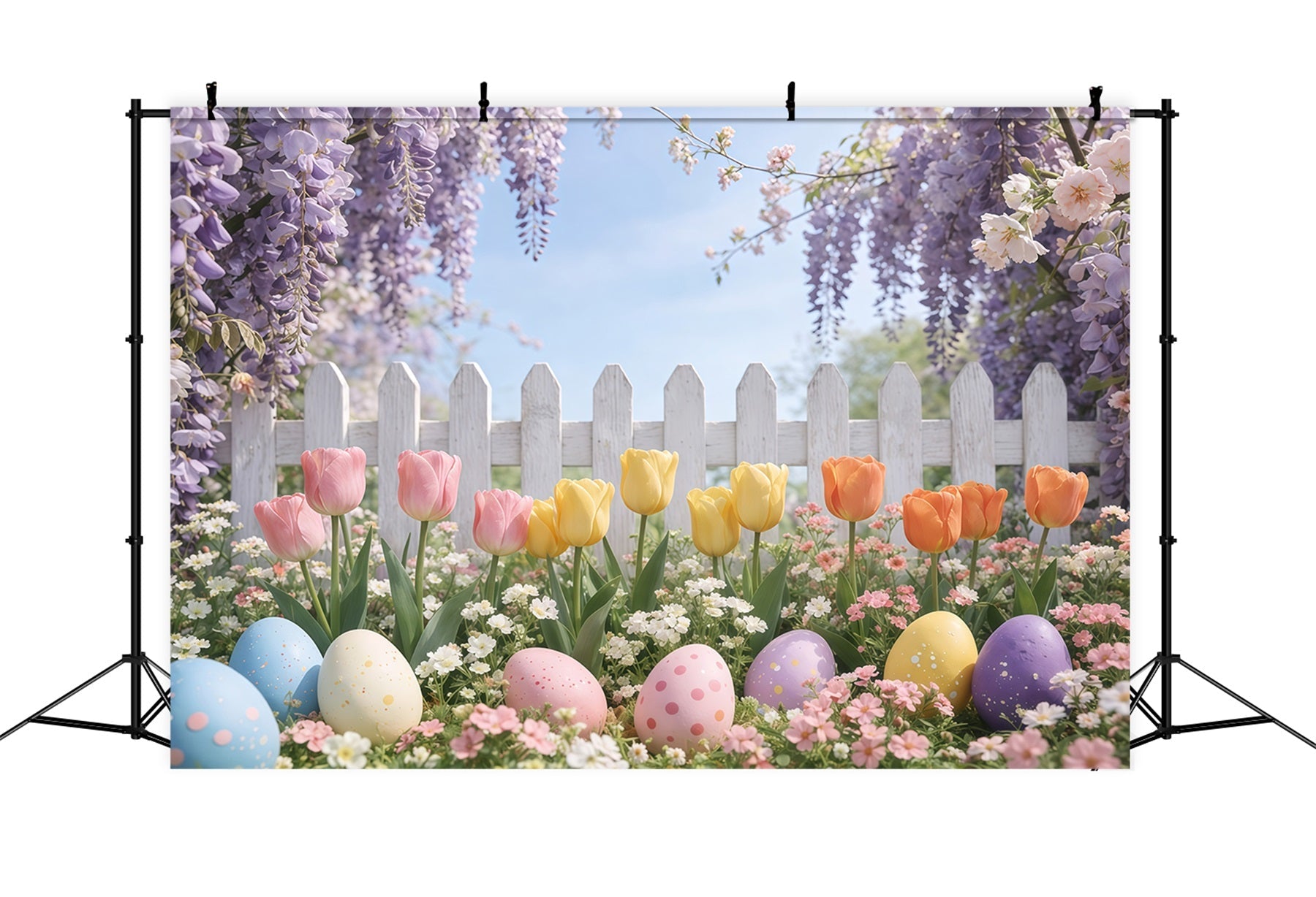 Oster-Lattenzaun-Hintergrund Lavendel-Tulpen-Garten Eier Osterbilder-Hintergrund GQ61-60