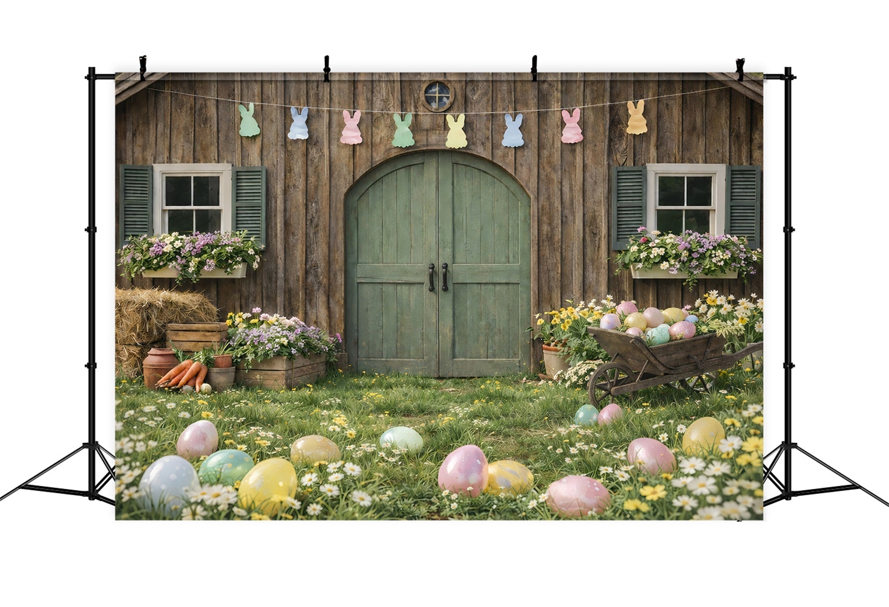 Oster-Scheune-Hintergrund Karottenbündel Gänseblümchen Eier Ideen für Oster-Hintergründe im Freien GQ61-62
