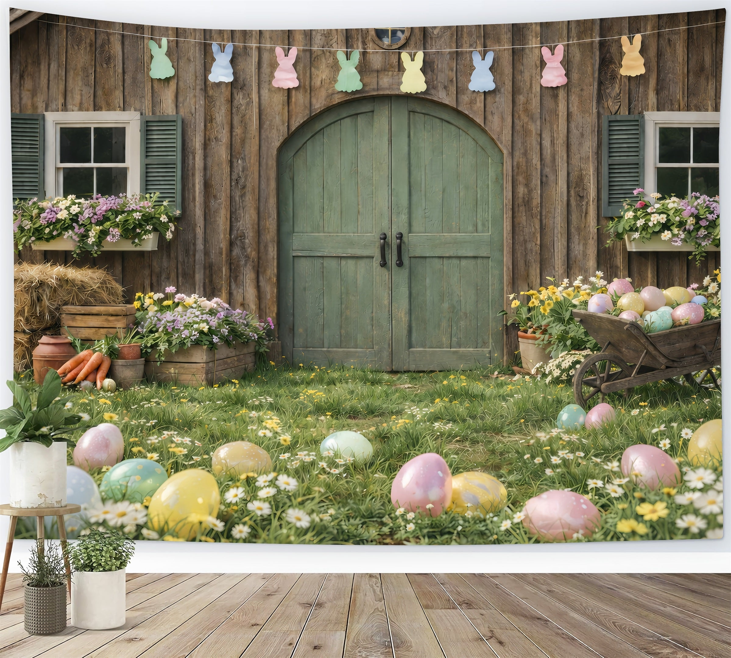 Oster-Scheune-Hintergrund Karottenbündel Gänseblümchen Eier Ideen für Oster-Hintergründe im Freien GQ61-62