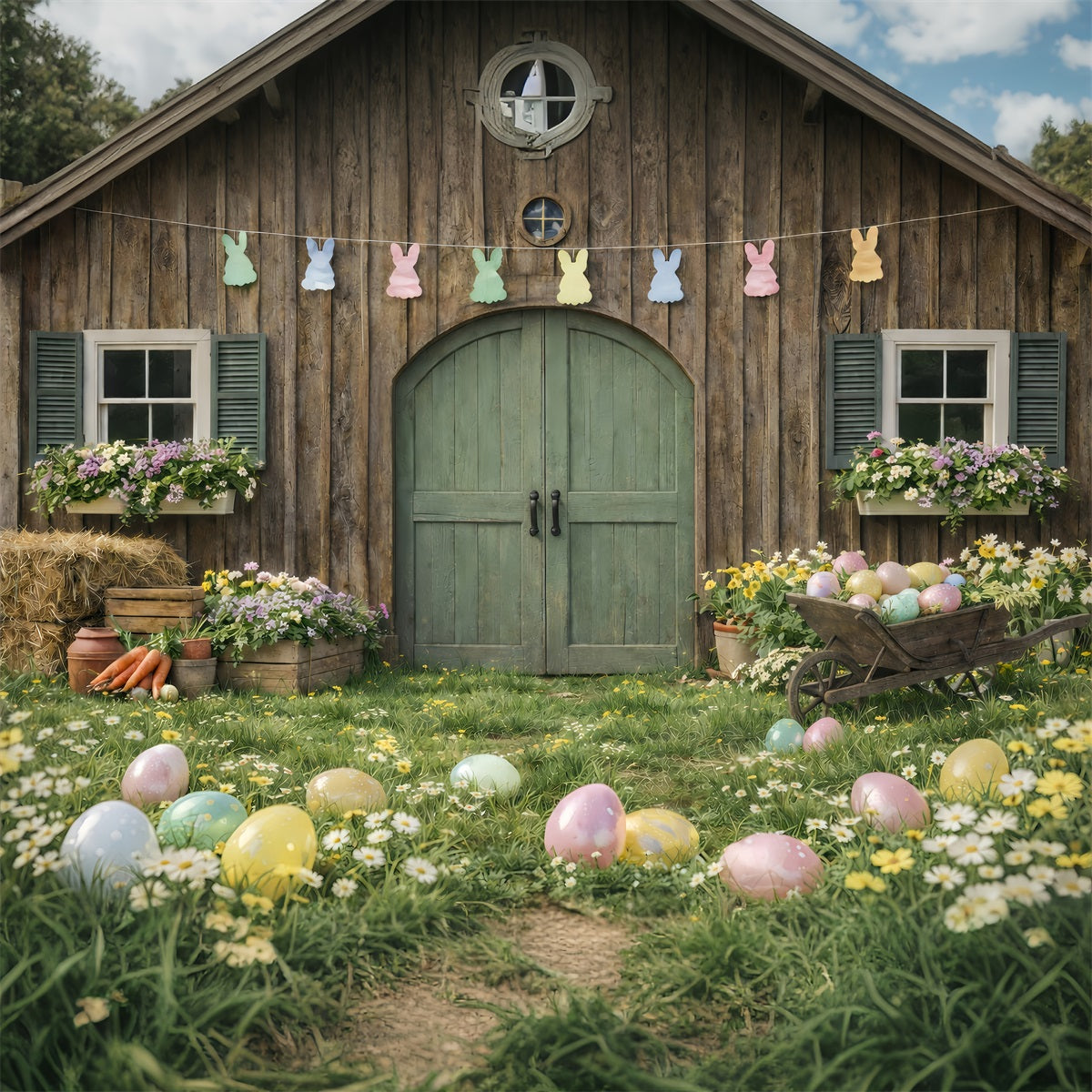 Oster-Scheune-Hintergrund Karottenbündel Gänseblümchen Eier Ideen für Oster-Hintergründe im Freien GQ61-62