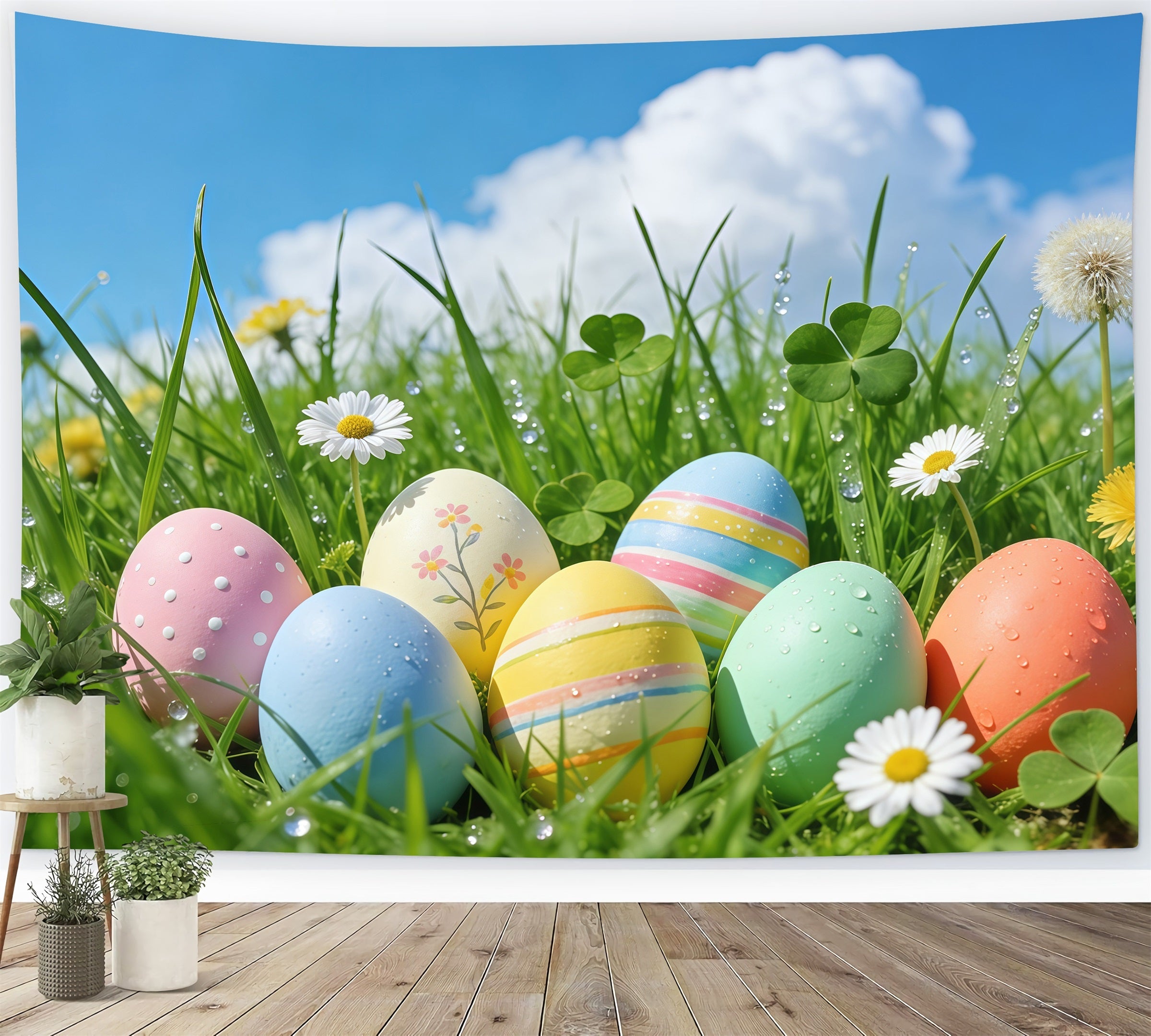 Osterhintergrund mit blauem Himmel, Frühlingsgras und pastellfarbenen Eiern Ideen für Osterhintergründe für Fotokabinen GQ61-65