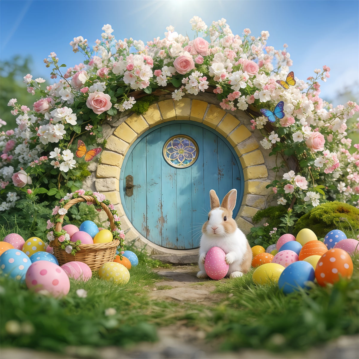Osterhase-Höhle-Hintergrund Märchenhaus Blumenbogen Oster-Hintergrund Fotos GQ61-68