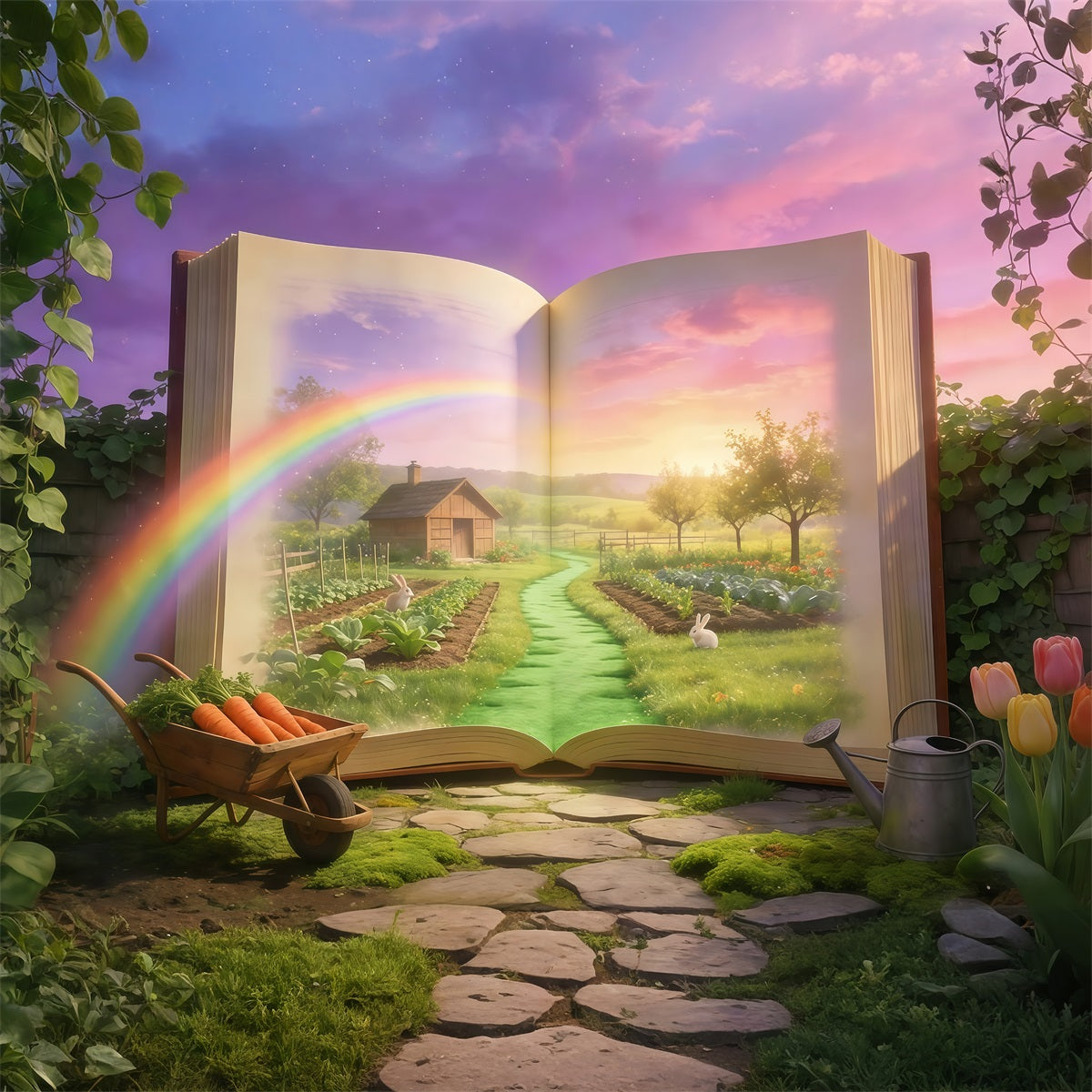 Oster-Märchenbuch-Hintergrund Magisches Buch Gartenhase Oster-Fotokabinen-Hintergrundideen GQ61-69