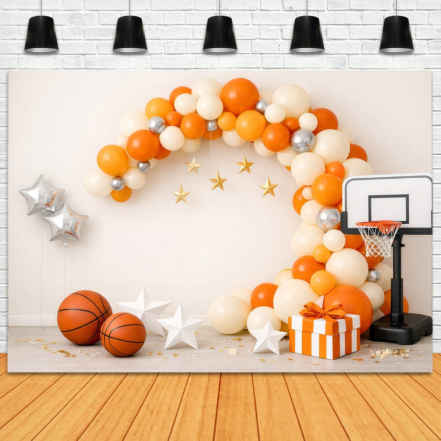 Basketball-Fotohintergrund Orangefarbener Ballonbogen Geschenkbox Sport-Hintergrund GQ61-70