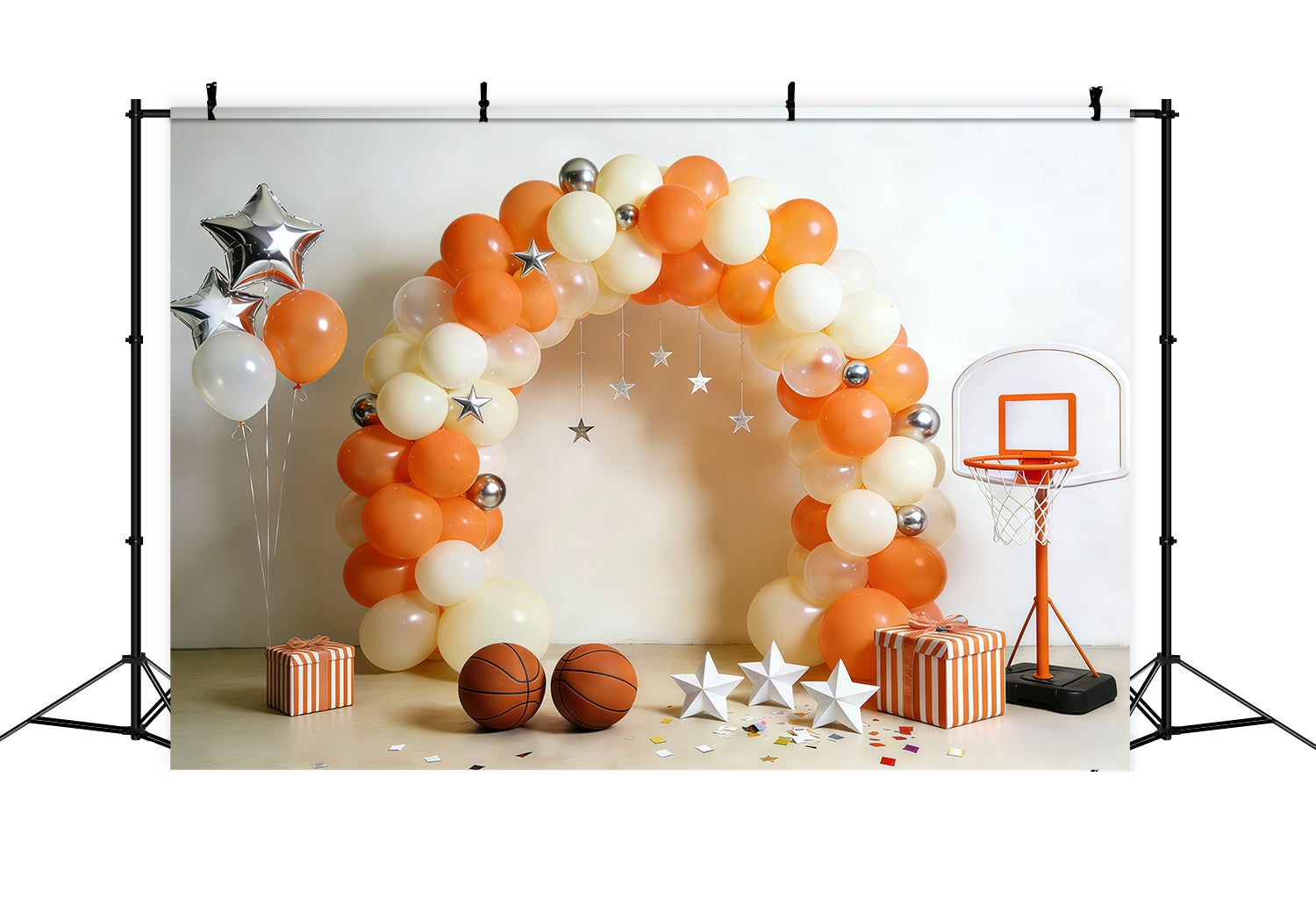 Basketball-Hintergrund für Fotografie Cremefarbener orangefarbener Ballonbogen Sport-Hintergründe GQ61-71
