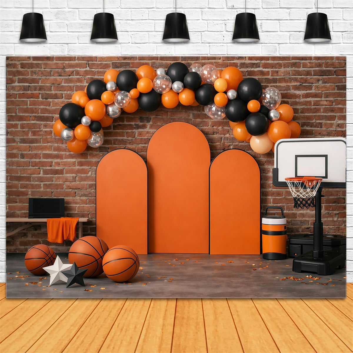 Basketball-Hintergrund Backsteinmauer Ballonbogen Sport-Hintergründe für Fotografie GQ61-72