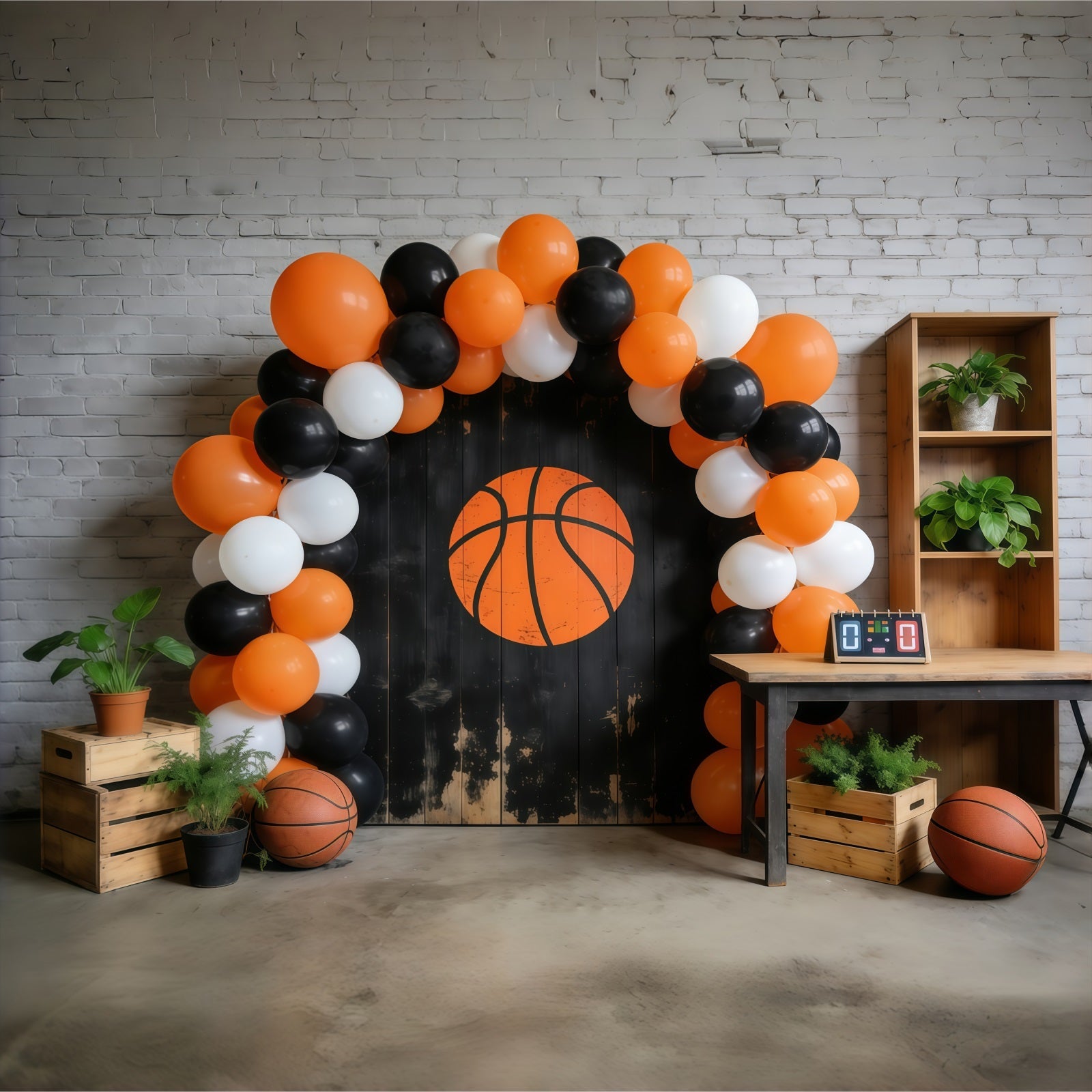 Basketball-Fotografie-Hintergrund Rustikale Wand Ballonbogen Sportfoto-Hintergrund GQ61-74