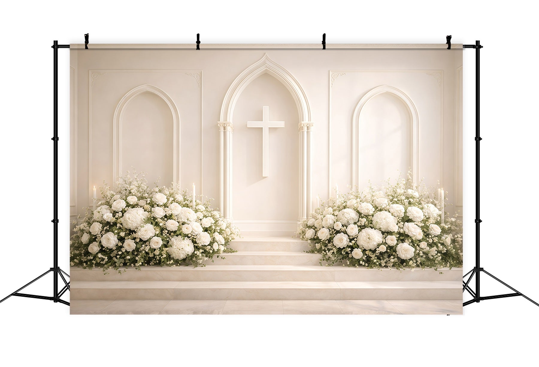 Religiöser Oster-Hintergrund Weiße Blumen Kirche Kreuz Oster-Hintergrund für Fotografie GQ61-8
