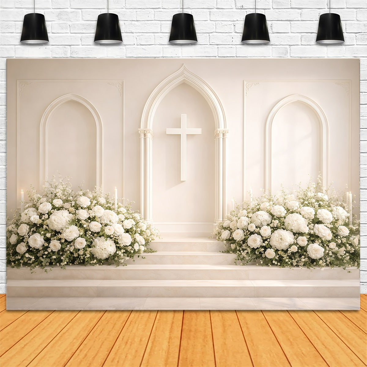 Religiöser Oster-Hintergrund Weiße Blumen Kirche Kreuz Oster-Hintergrund für Fotografie GQ61-8