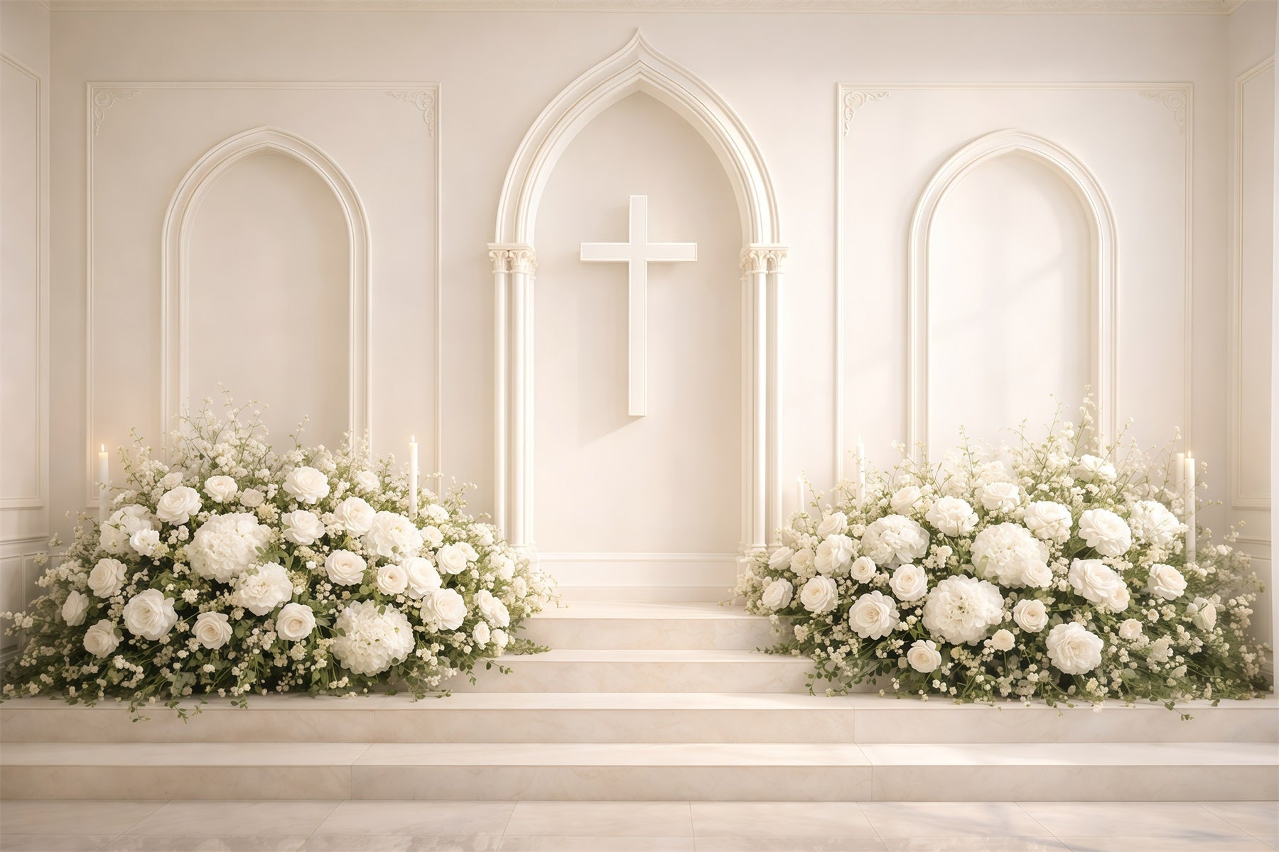 Religiöser Oster-Hintergrund Weiße Blumen Kirche Kreuz Oster-Hintergrund für Fotografie GQ61-8