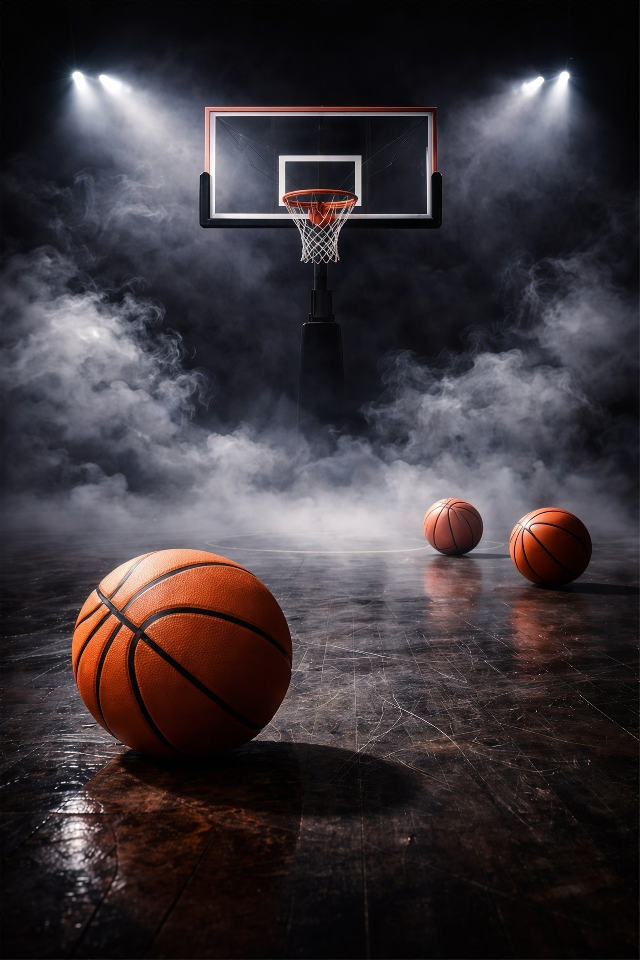Basketball-Fotohintergrund Rauchstimmungsvoller Scheinwerfer Court Sportfotografie-Hintergründe GQ61-82