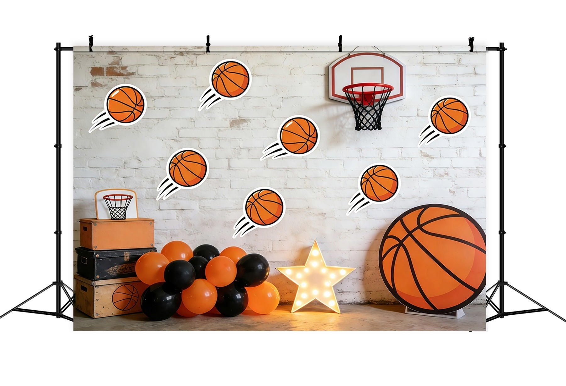 Basketball-Hintergrund für Fotografie Cartoon-Ball Backsteinmauer Sportfoto-Hintergrund GQ61-83