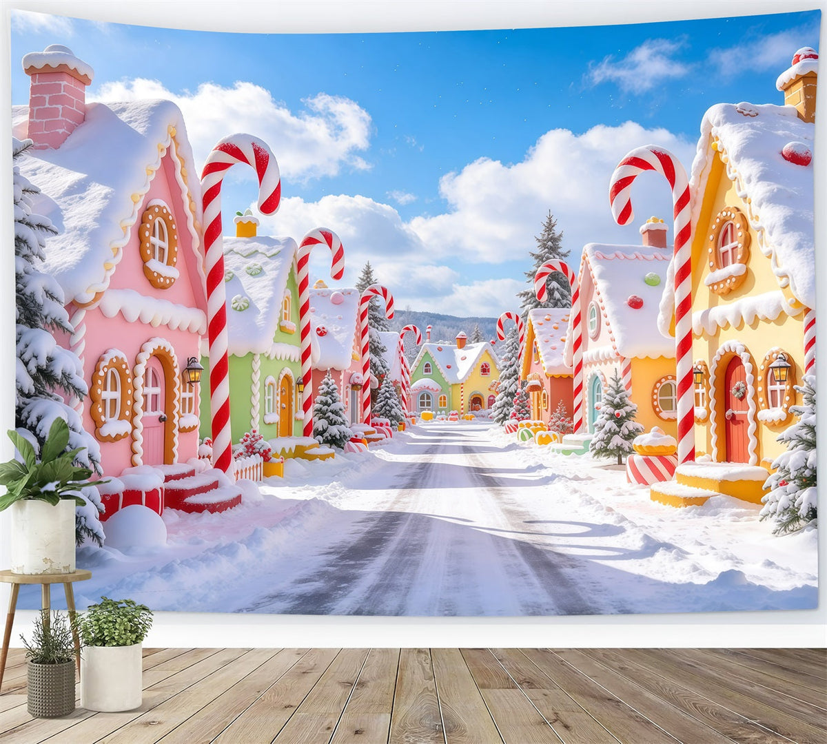 Weihnachtsdorf Hintergrund Pastellfarbenes Süßigkeiten Lebkuchenhaus GQ610-1