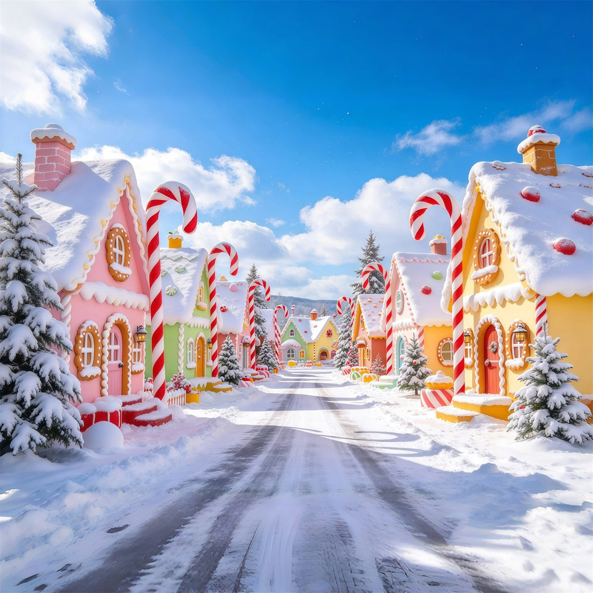 Weihnachtsdorf Hintergrund Pastellfarbenes Süßigkeiten Lebkuchenhaus GQ610-1