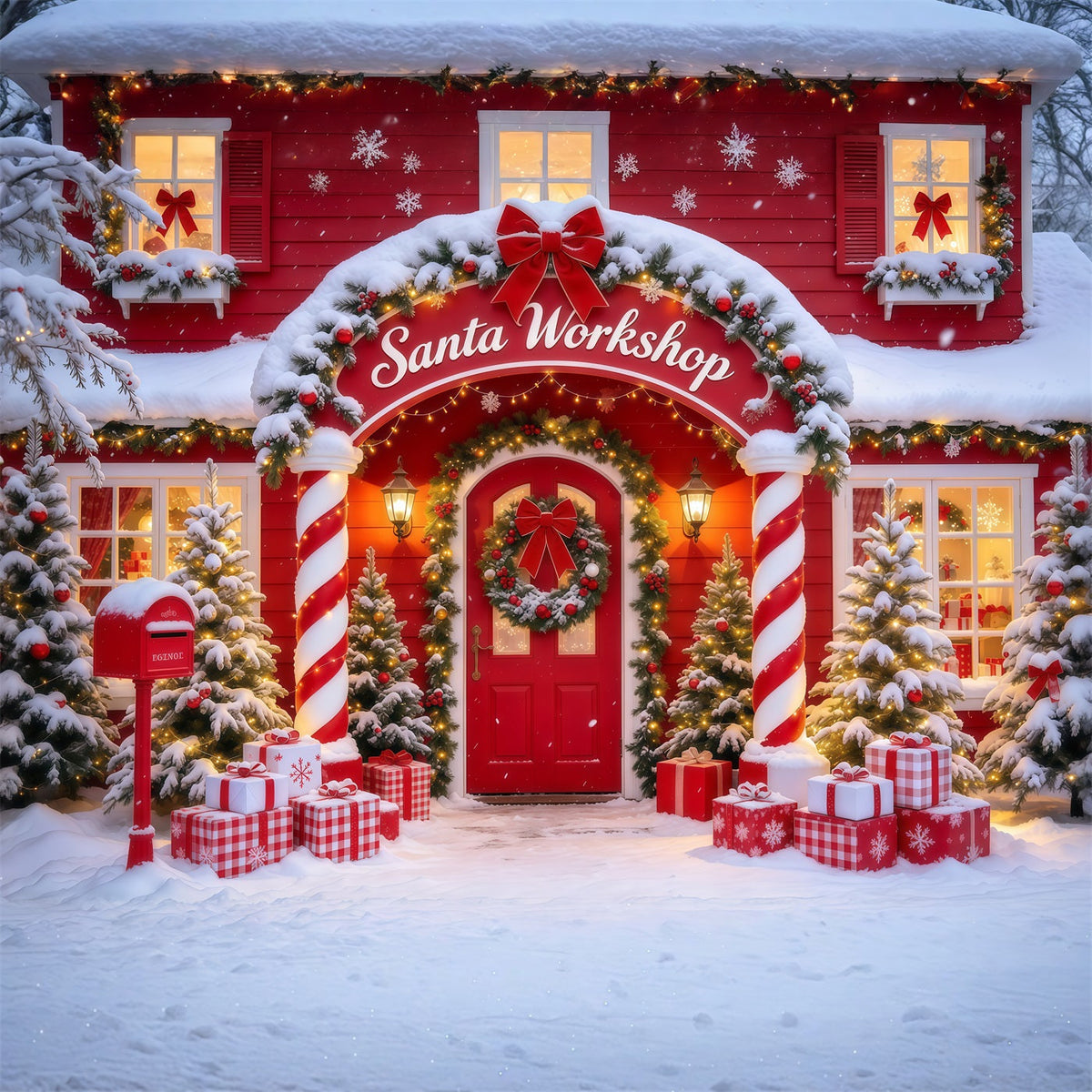 Weihnachtlicher Werkstatthintergrund Zuckerstangen Säulentür Eingang GQ610-10