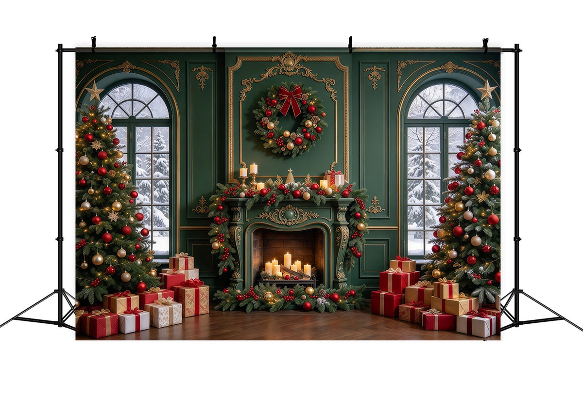 Weihnachtlicher Wohnzimmerhintergrund Smaragdgrüner Goldener Kamin GQ610-103