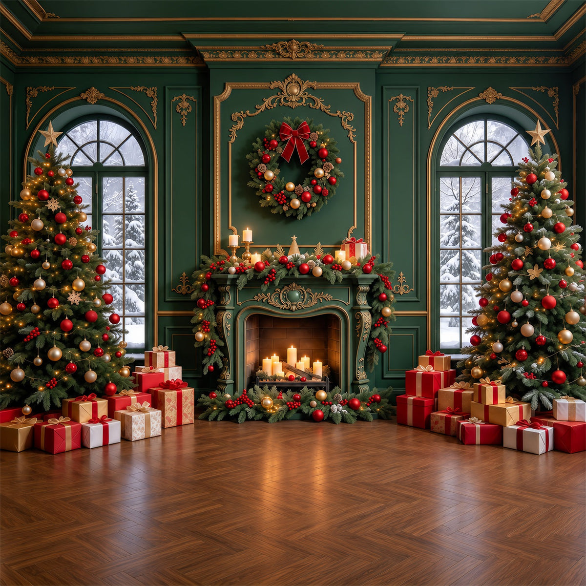 Weihnachtlicher Wohnzimmerhintergrund Smaragdgrüner Goldener Kamin GQ610-103