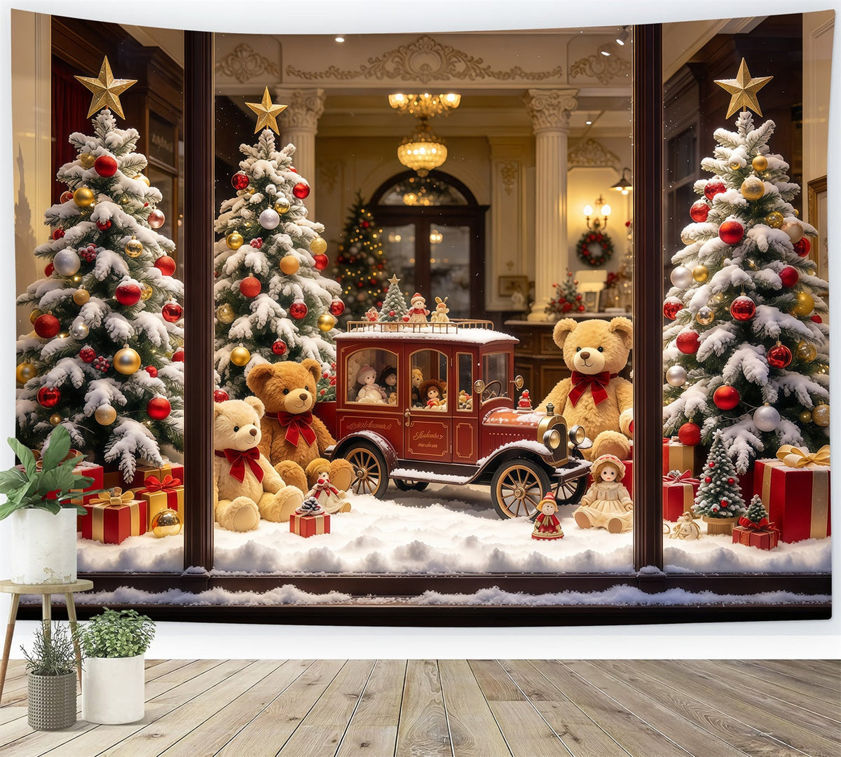 Weihnachtlicher Spielzeugladen-Hintergrund Vintage-Spielzeugauto Fenster GQ610-104