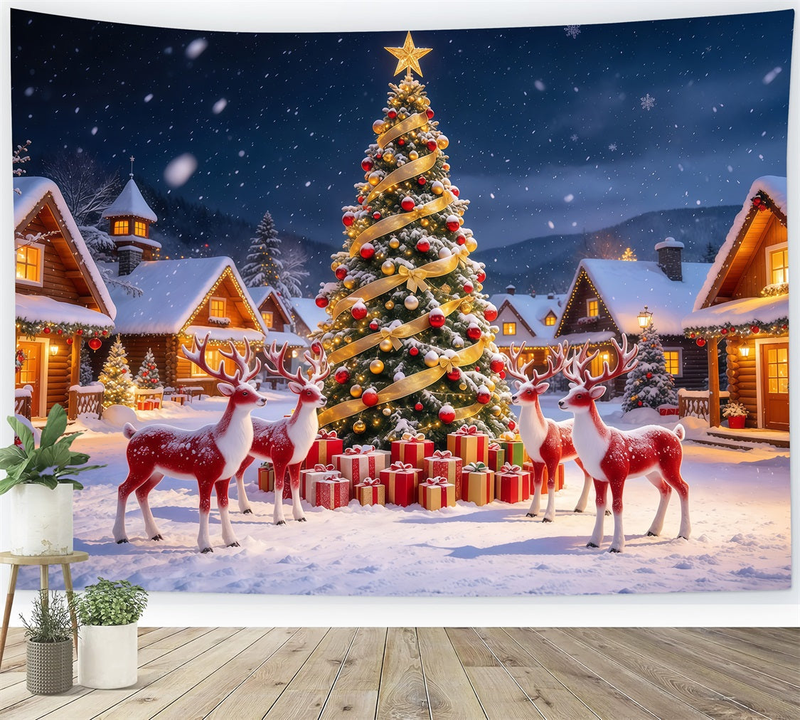 Retro-Weihnachtshintergrund Rentierdorf Verschneite Landschaft GQ610-105