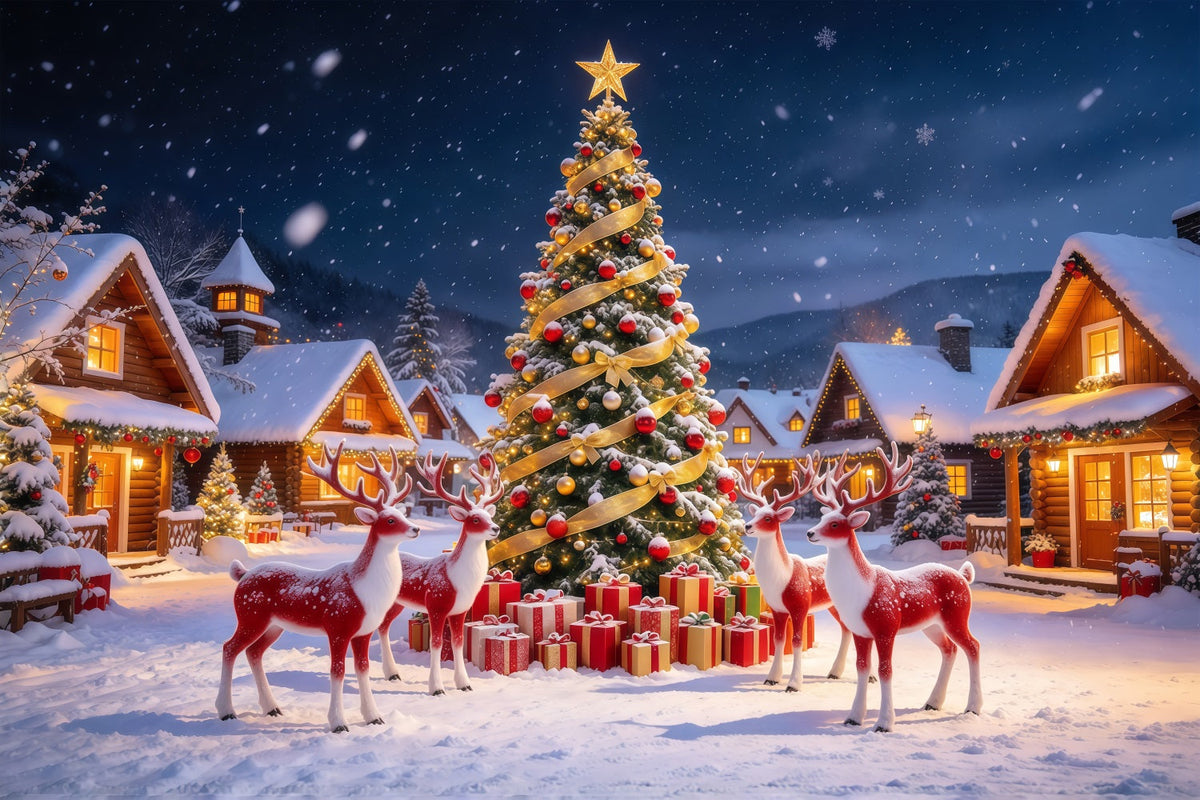 Retro-Weihnachtshintergrund Rentierdorf Verschneite Landschaft GQ610-105