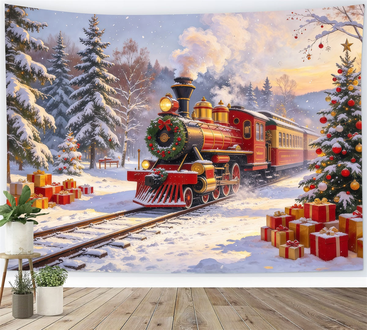 Professioneller Weihnachtshintergrund Rote Dampflok Schneefall Weihnachtsdorf GQ610-107