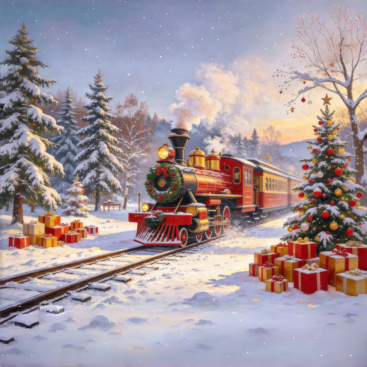 Professioneller Weihnachtshintergrund Rote Dampflok Schneefall Weihnachtsdorf GQ610-107