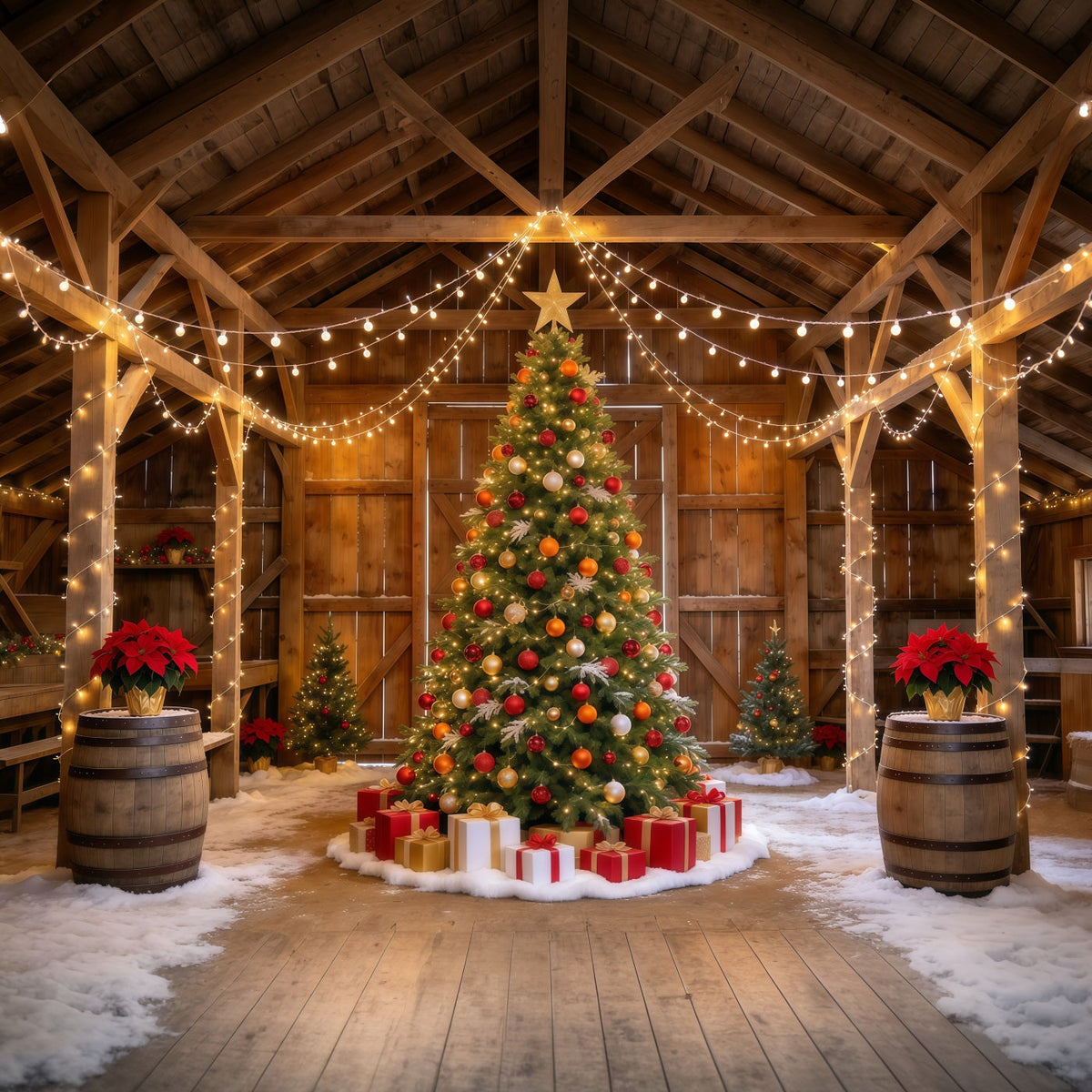 Weihnachtslichter-Fotohintergrund Rustikale Scheune Weihnachtsbaum-Auslage GQ610-109