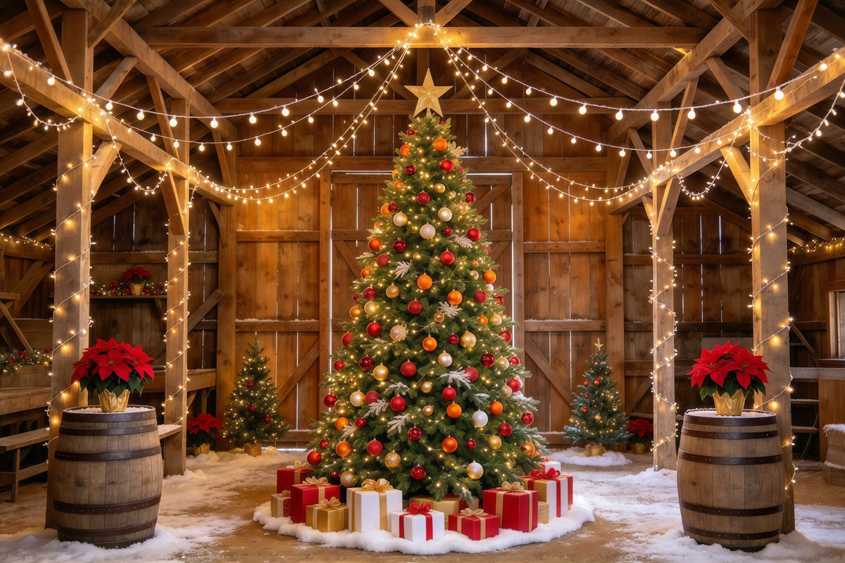 Weihnachtslichter-Fotohintergrund Rustikale Scheune Weihnachtsbaum-Auslage GQ610-109