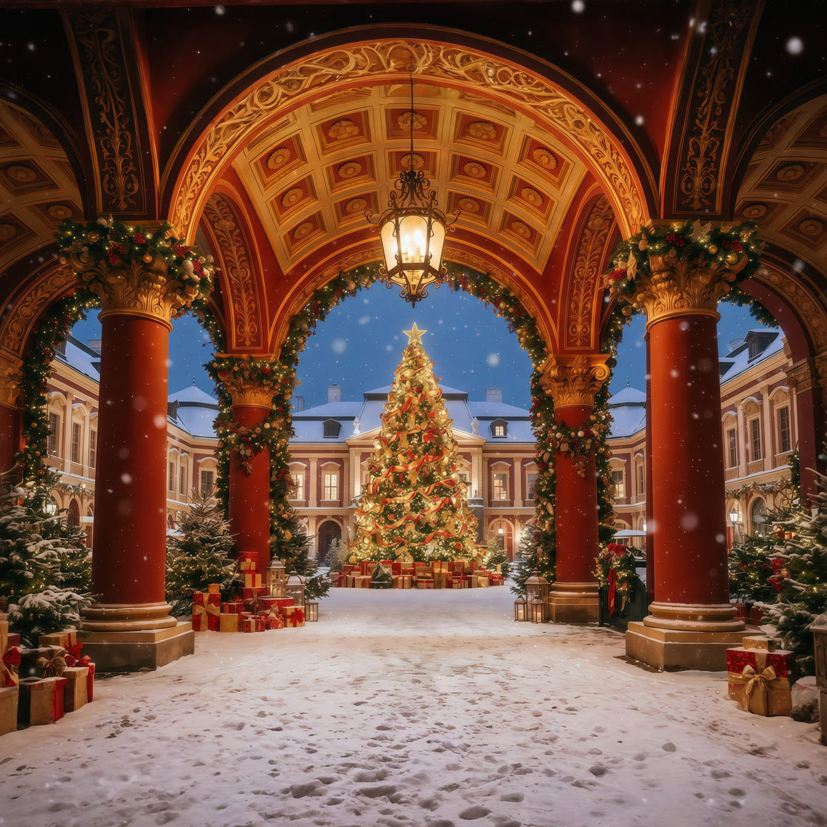 Weihnachtlicher Torbogen-Hintergrund Verzierte Hofanlage Weihnachtsbaum-Auslage GQ610-110