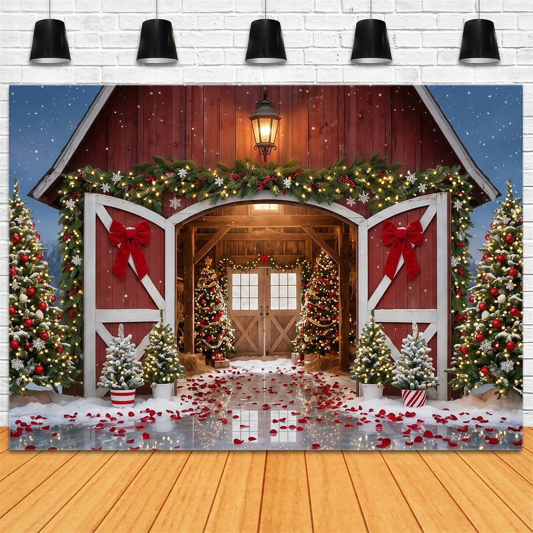 Weihnachtsbaumfarm-Hintergrund Roter Scheuneneingang Festlich GQ610-112