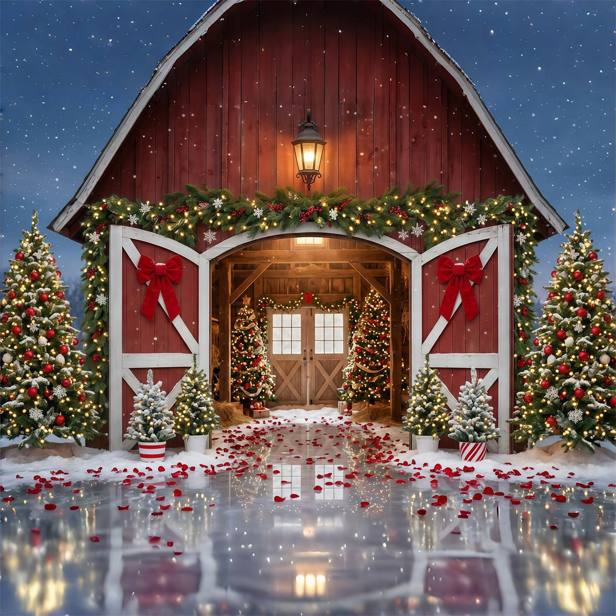 Weihnachtsbaumfarm-Hintergrund Roter Scheuneneingang Festlich GQ610-112