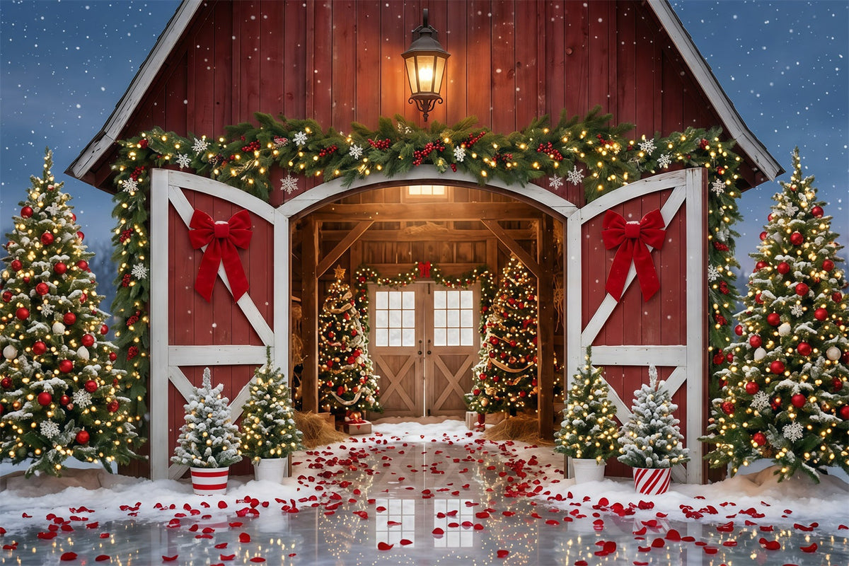 Weihnachtsbaumfarm-Hintergrund Roter Scheuneneingang Festlich GQ610-112