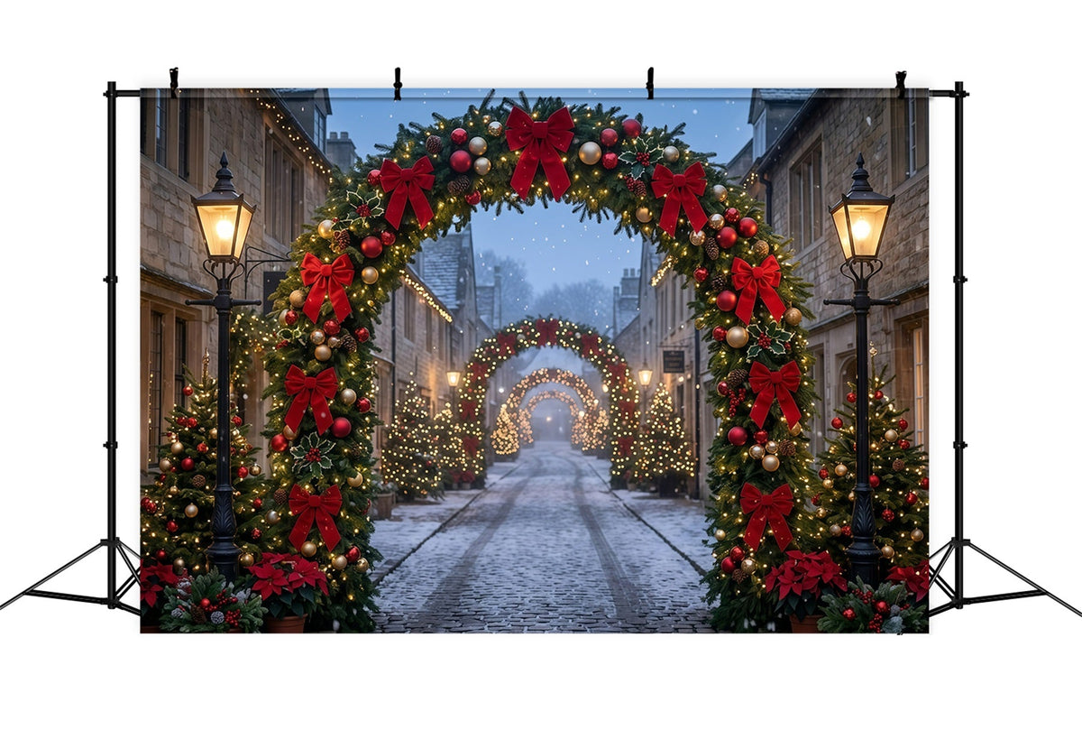 Weihnachtslichter-Fotohintergrund Kopfsteinpflaster Roter Schleifenbogen GQ610-115