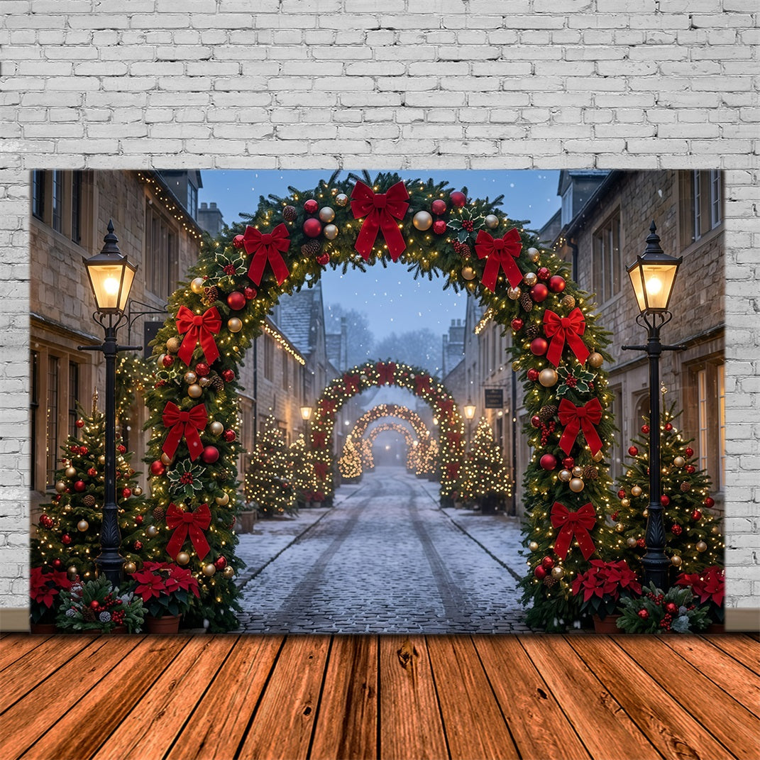 Weihnachtslichter-Fotohintergrund Kopfsteinpflaster Roter Schleifenbogen GQ610-115