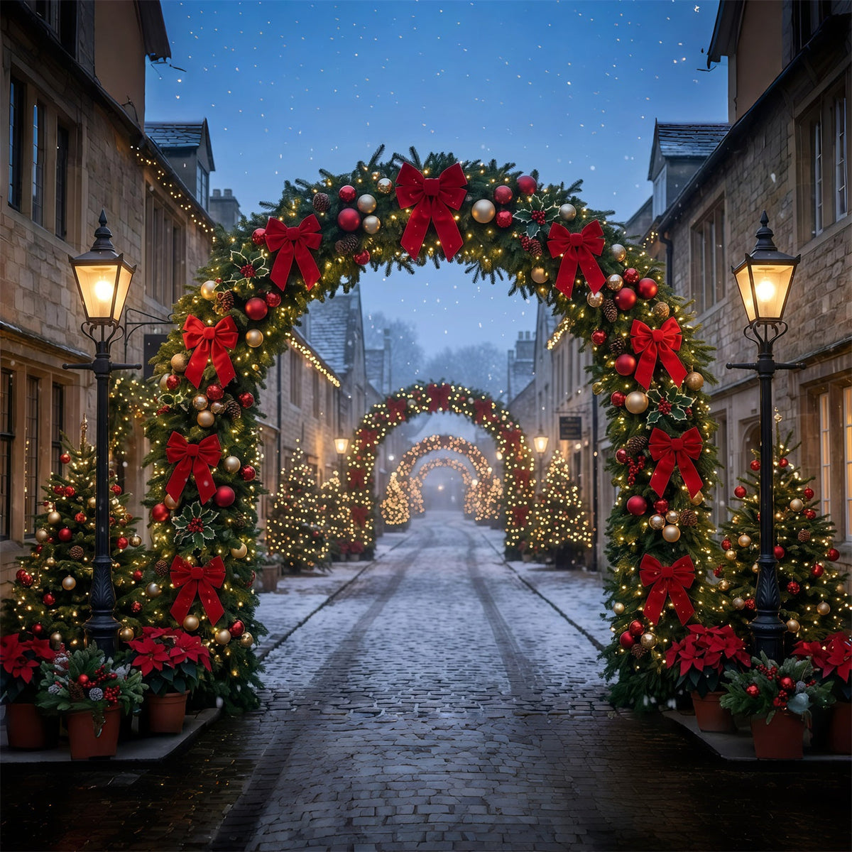 Weihnachtslichter-Fotohintergrund Kopfsteinpflaster Roter Schleifenbogen GQ610-115