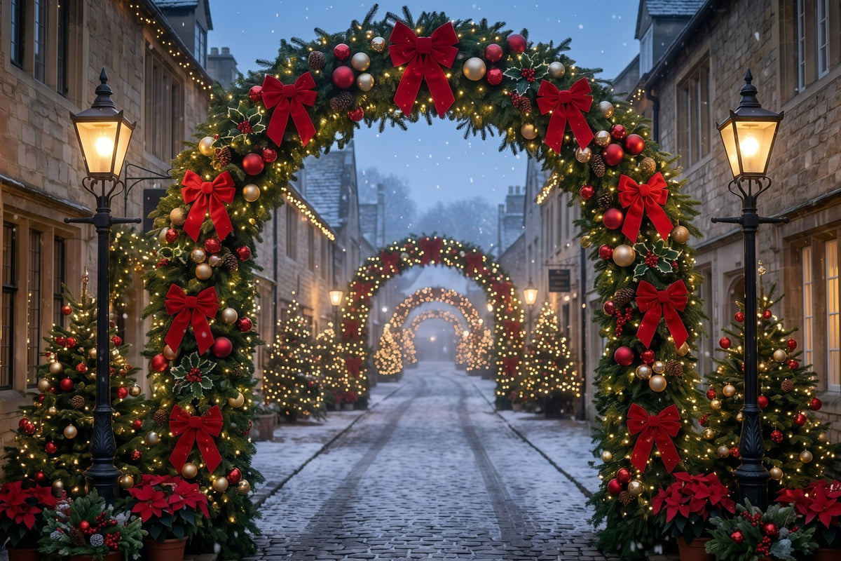 Weihnachtslichter-Fotohintergrund Kopfsteinpflaster Roter Schleifenbogen GQ610-115