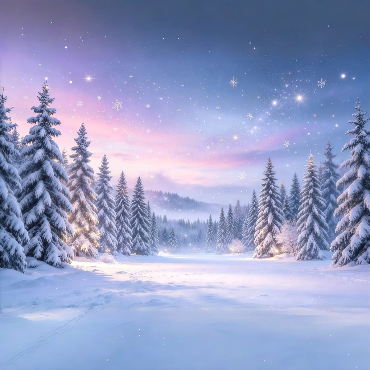 Weihnachtsbaum Hintergrund Lavendelfarbene Dämmerung Verschneiter Wald GQ610-12