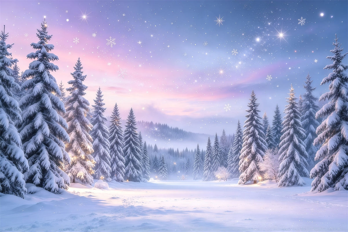Weihnachtsbaum Hintergrund Lavendelfarbene Dämmerung Verschneiter Wald GQ610-12