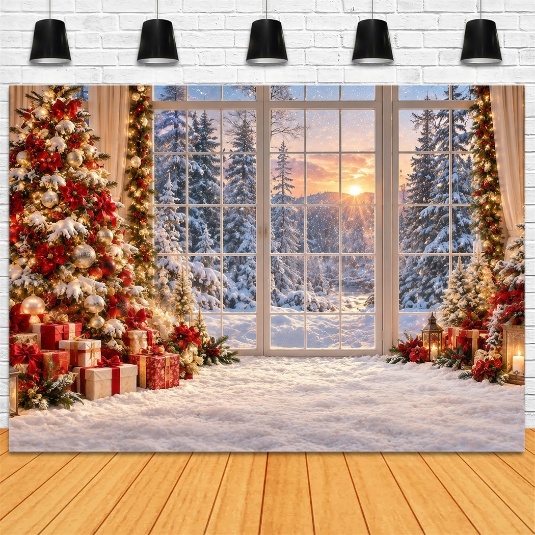 Weihnachtswald-Hintergrund Goldener Sonnenuntergang Verschneites Fenster GQ610-123