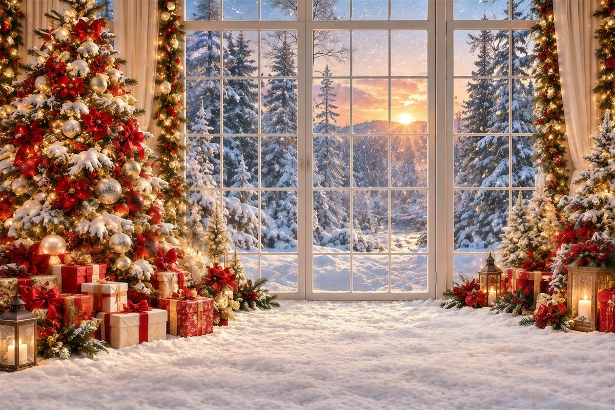 Weihnachtswald-Hintergrund Goldener Sonnenuntergang Verschneites Fenster GQ610-123
